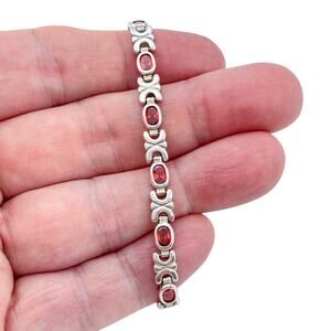 Vintage Sterling Silver 950 Simulated Garnet Link Bracelet 7"